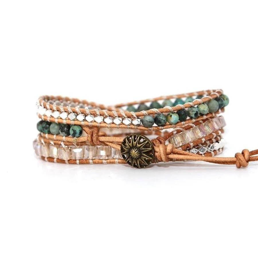 Handmade Natural African Turquoise & Silver Beads Wrap Bracelet - Image 3