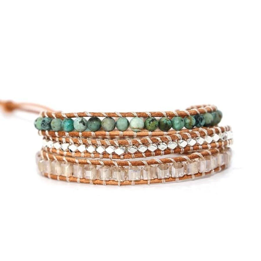 Handmade Natural African Turquoise & Silver Beads Wrap Bracelet - Image 4