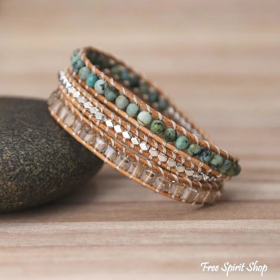 Handmade Natural African Turquoise & Silver Beads Wrap Bracelet - Image 5