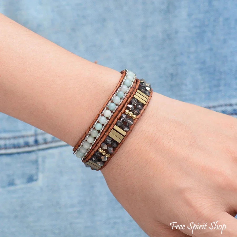 Handmade Natural Amazonite & Crystal Bead Wrap Bracelet - Image 2