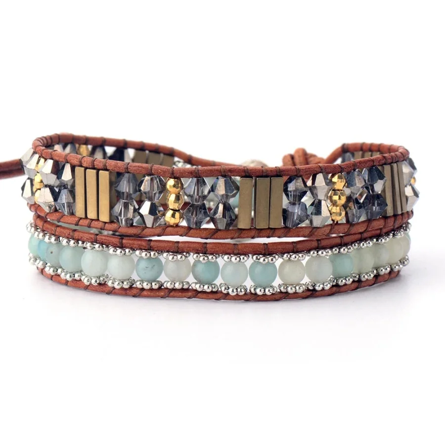 Handmade Natural Amazonite & Crystal Bead Wrap Bracelet - Image 3