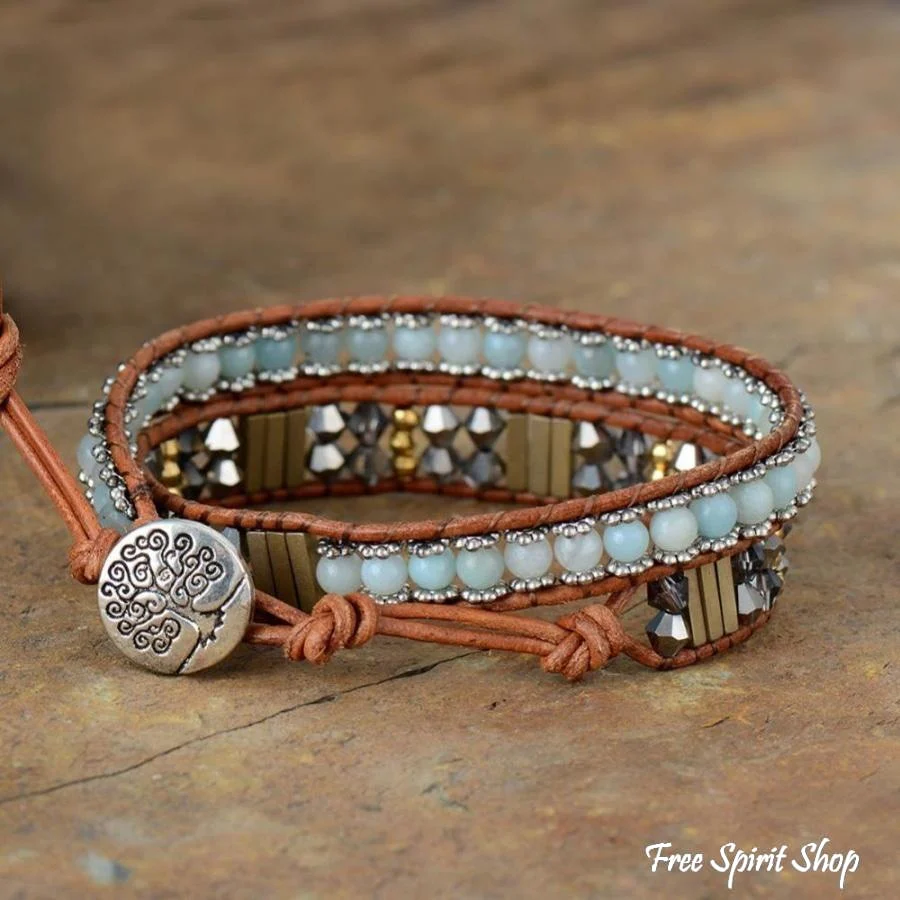 Handmade Natural Amazonite & Crystal Bead Wrap Bracelet - Image 4