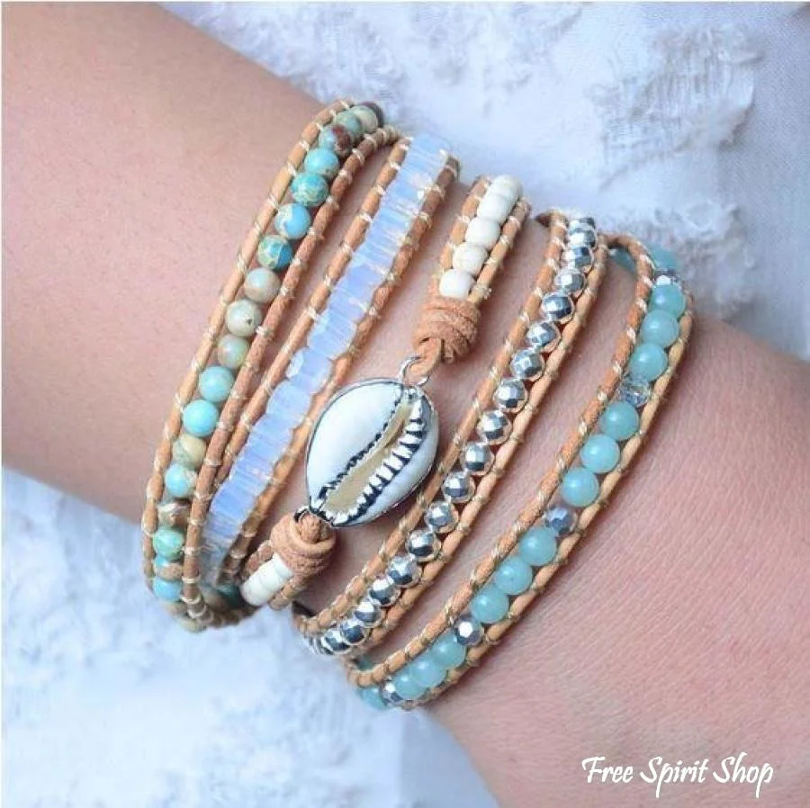 Handmade Natural Amazonite & Howlite Shell Leather Wrap Bracelet - Image 3