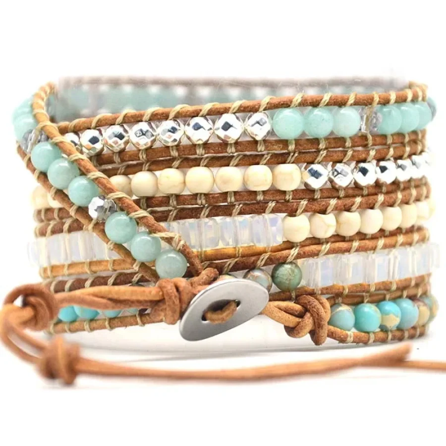 Handmade Natural Amazonite & Howlite Shell Leather Wrap Bracelet - Image 4