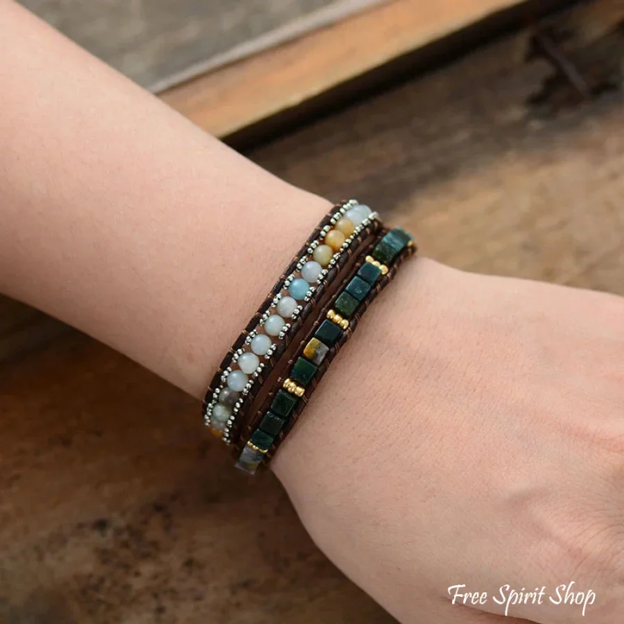 Handmade Natural Amazonite & Onyx Leather Wrap Bracelet - Image 3