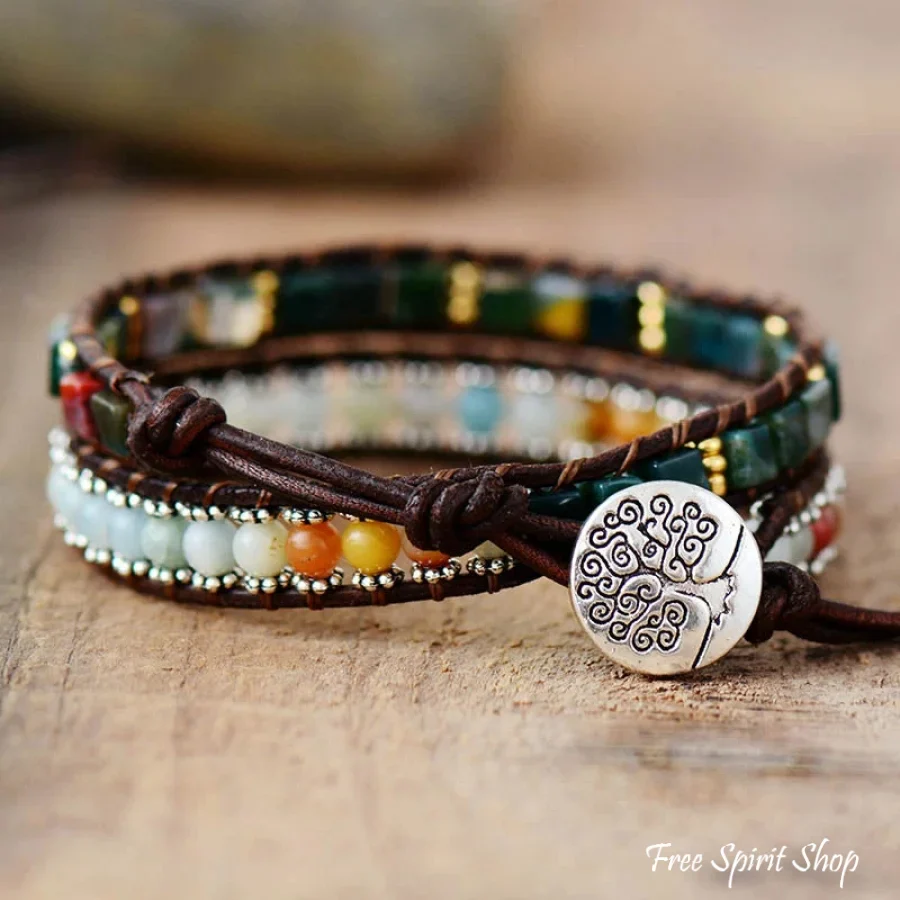 Handmade Natural Amazonite & Onyx Leather Wrap Bracelet - Image 4