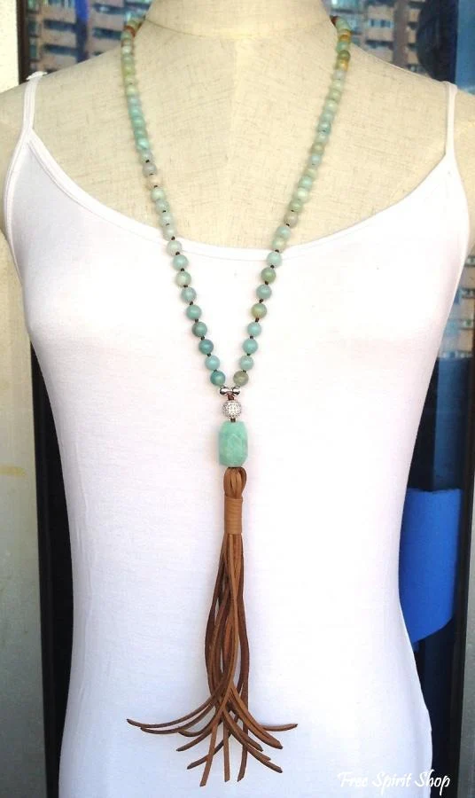Handmade Natural Amazonite Stone & Leather Tassel Necklace - Image 3