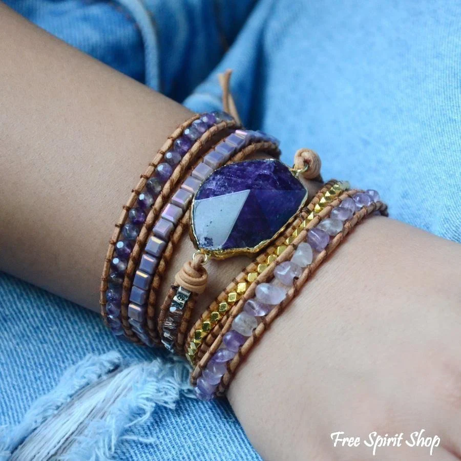 Handmade Natural Amethyst Gemstone Leather Wrap Bracelet - Image 10
