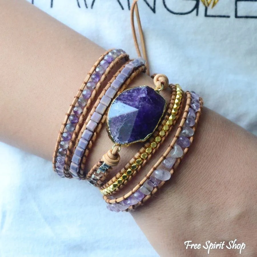 Handmade Natural Amethyst Gemstone Leather Wrap Bracelet - Image 11