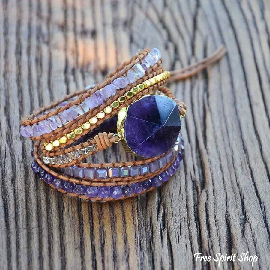 Handmade Natural Amethyst Gemstone Leather Wrap Bracelet - Image 12