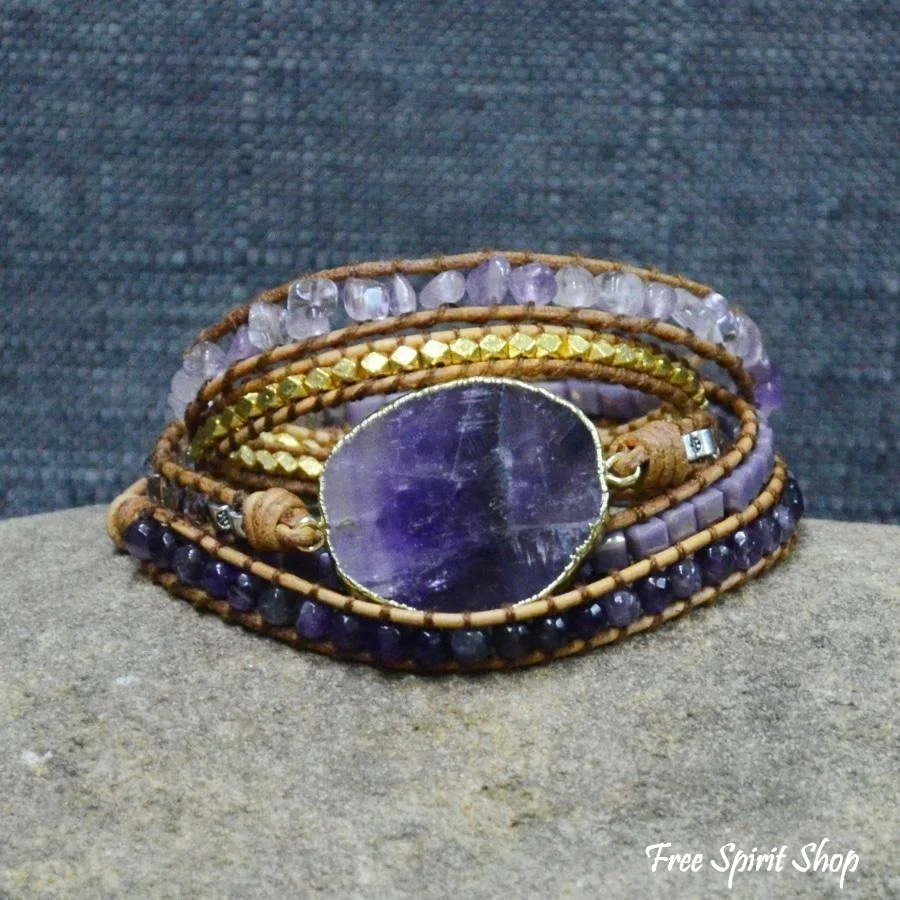 Handmade Natural Amethyst Gemstone Leather Wrap Bracelet - Image 3