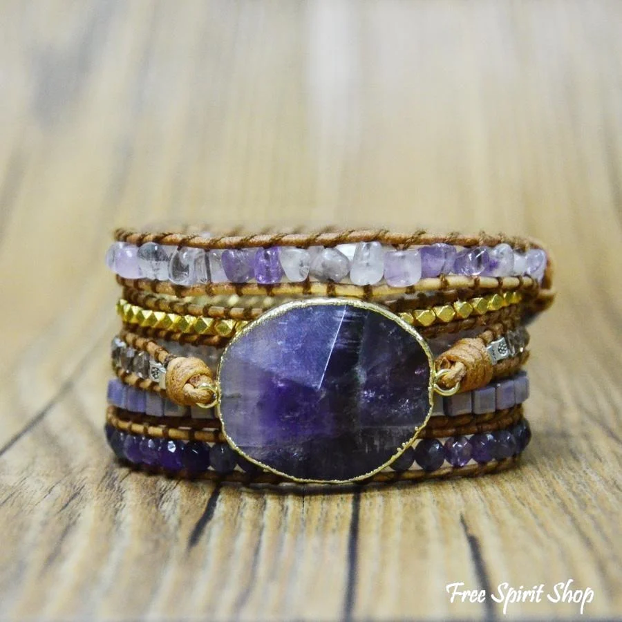 Handmade Natural Amethyst Gemstone Leather Wrap Bracelet - Image 4