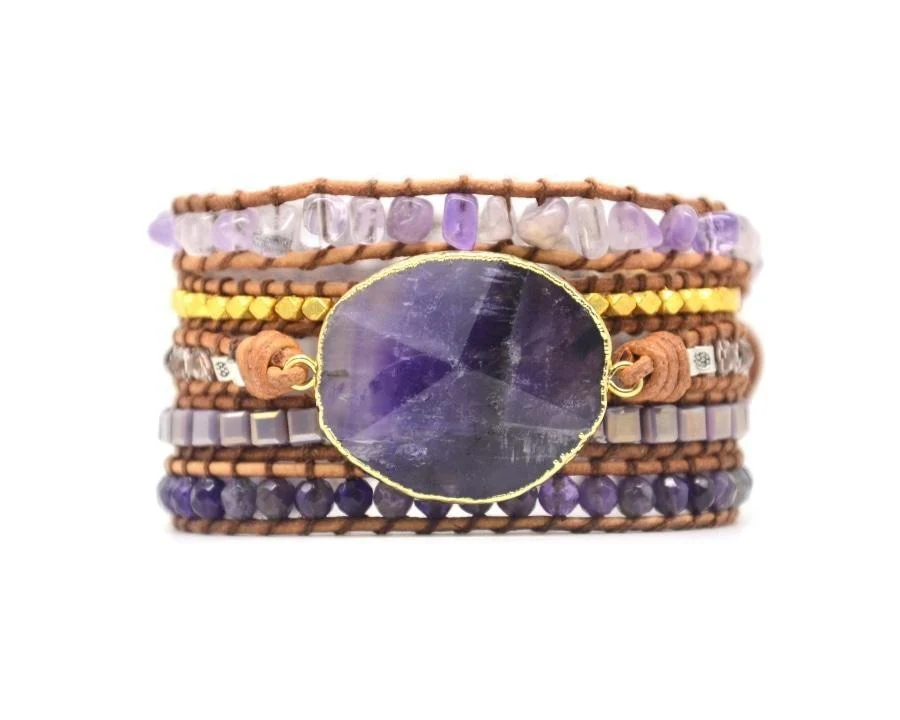 Handmade Natural Amethyst Gemstone Leather Wrap Bracelet - Image 5