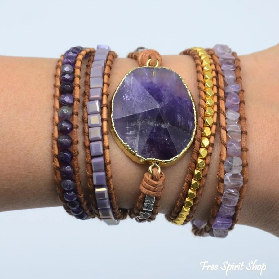 Handmade Natural Amethyst Gemstone Leather Wrap Bracelet - Image 6