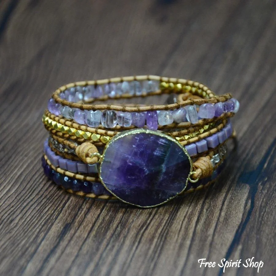 Handmade Natural Amethyst Gemstone Leather Wrap Bracelet - Image 7