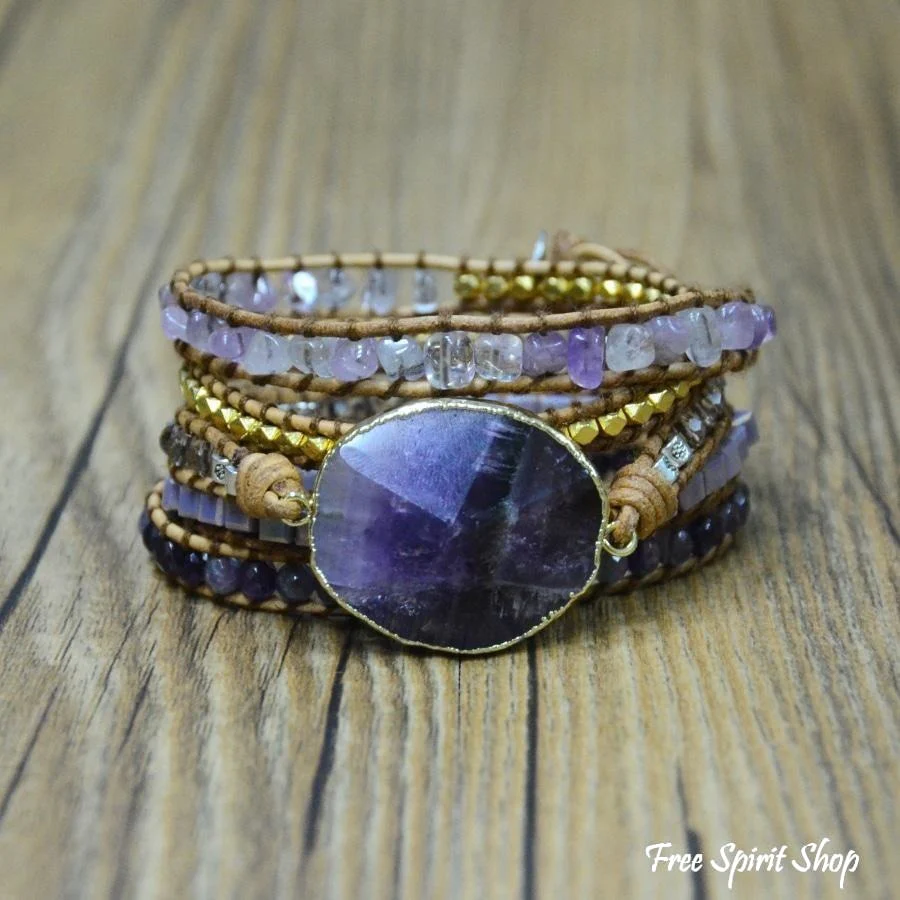 Handmade Natural Amethyst Gemstone Leather Wrap Bracelet - Image 8