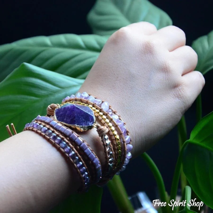 Handmade Natural Amethyst Gemstone Leather Wrap Bracelet - Image 9