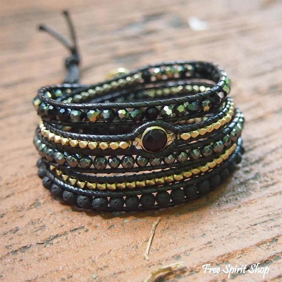 Handmade Natural Black Lava Stone & Hematite Gemstone Wrap Bracelet - Image 3