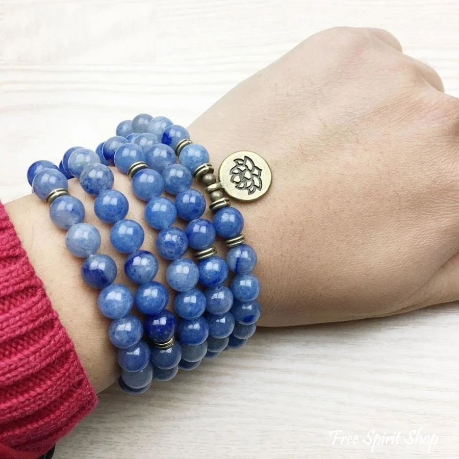 108 Natural Blue Aventurine Stone Mala Prayer Beads Bracelet - Image 3