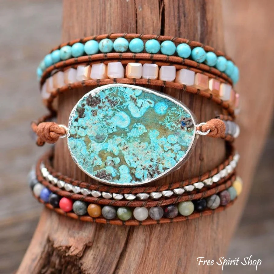 Handmade Natural Ocean Jasper Leather Wrap Bracelet - Image 3
