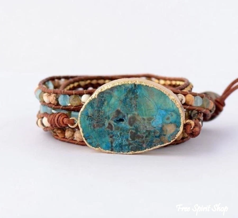 Handmade Natural Ocean Jasper Leather Wrap Bracelet - Image 4