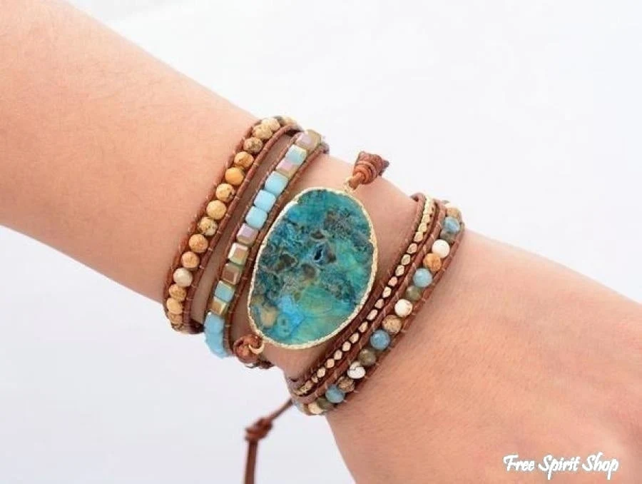 Handmade Natural Ocean Jasper Leather Wrap Bracelet - Image 5