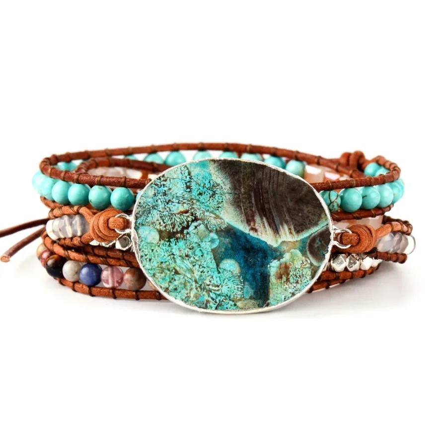 Handmade Natural Ocean Jasper Leather Wrap Bracelet - Image 7