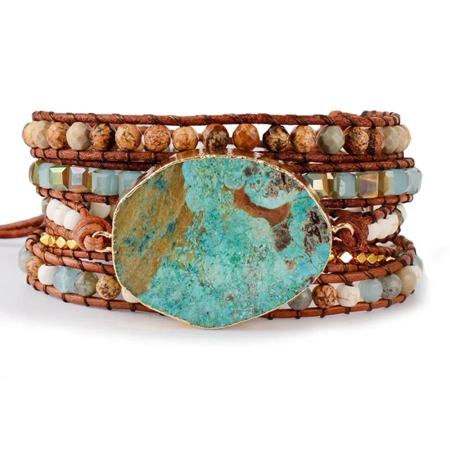 Handmade Natural Ocean Jasper Leather Wrap Bracelet - Image 8