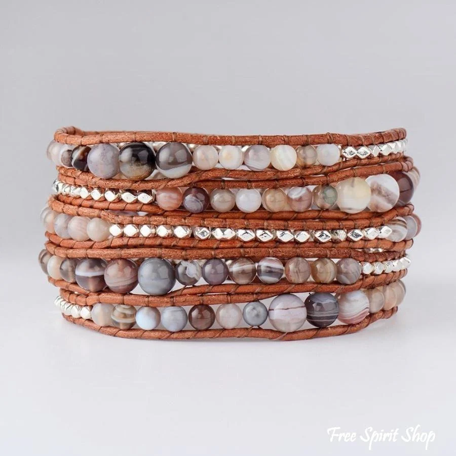 Natural Botswana Agate Gemstone Leather Wrap Bracelet