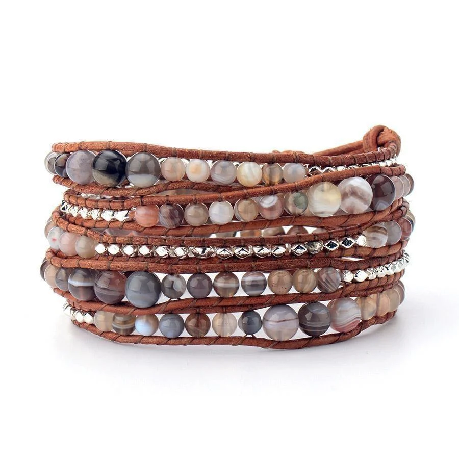 Natural Botswana Agate Gemstone Leather Wrap Bracelet - Image 2