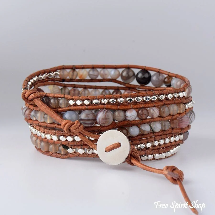 Natural Botswana Agate Gemstone Leather Wrap Bracelet - Image 4