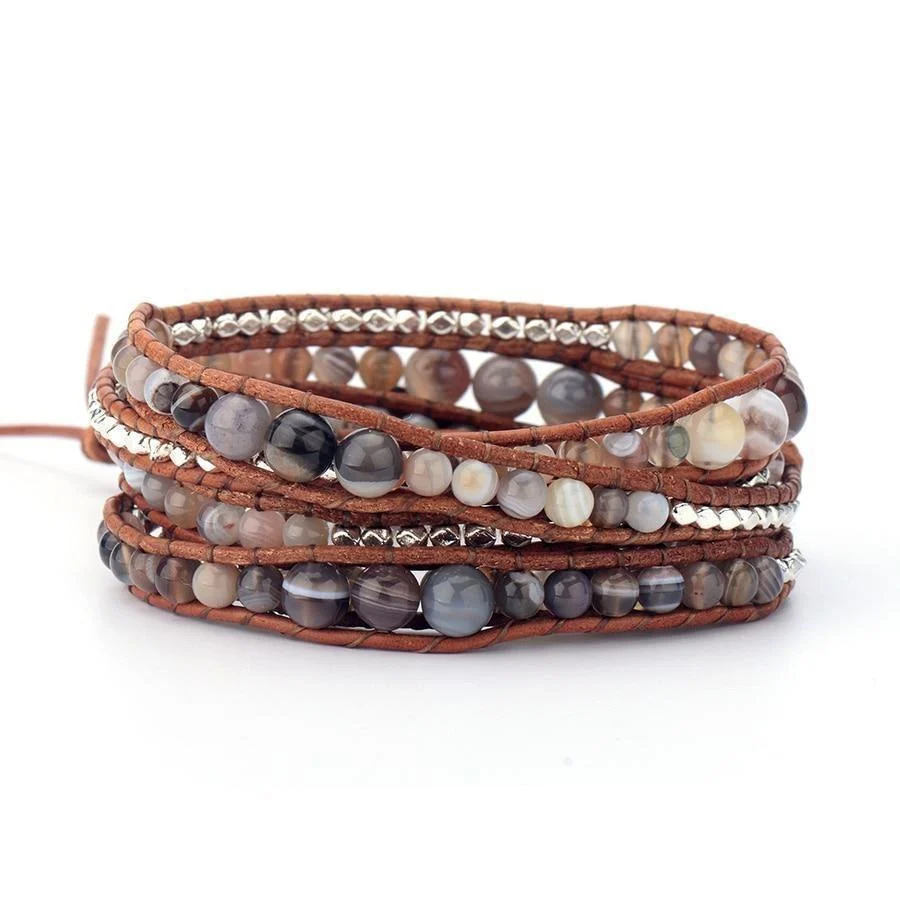 Natural Botswana Agate Gemstone Leather Wrap Bracelet - Image 5