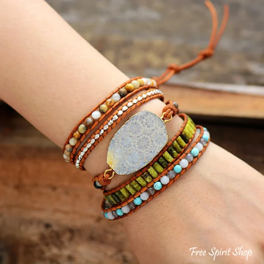 Handmade Natural Chrysanthemum Gemstone Leather Wrap Bracelet - Image 3