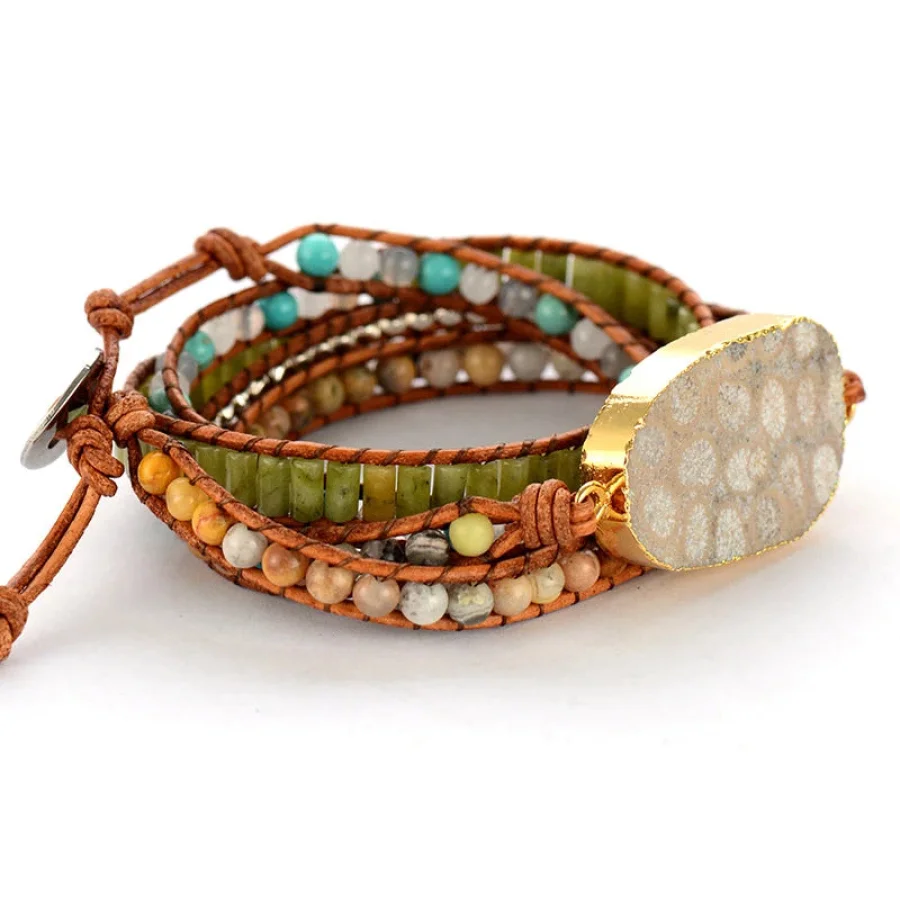 Handmade Natural Chrysanthemum Gemstone Leather Wrap Bracelet - Image 5