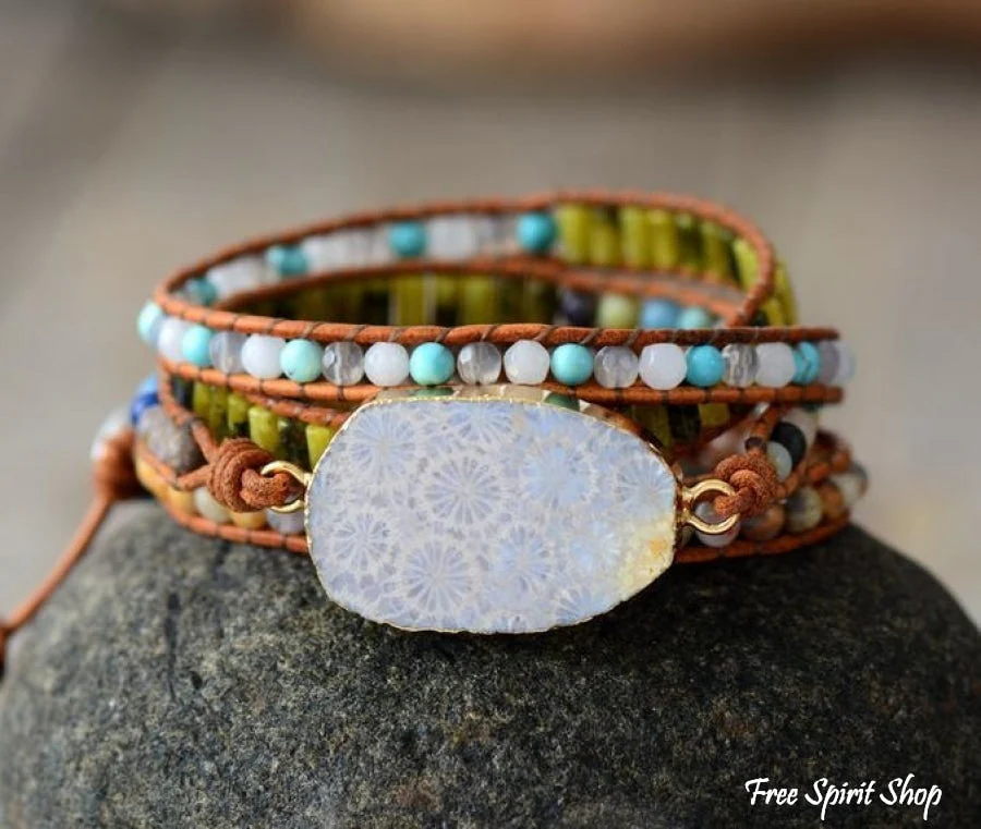 Handmade Natural Chrysanthemum Gemstone Leather Wrap Bracelet - Image 6