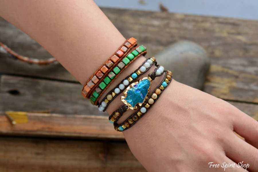 Handmade Natural Gemstones & Gilded Arrowhead Wrap Bracelet - Image 3