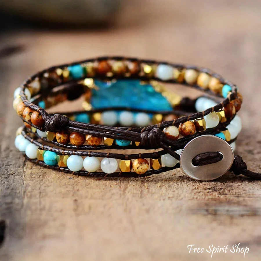 Handmade Natural Gemstones & Gilded Arrowhead Wrap Bracelet - Image 4