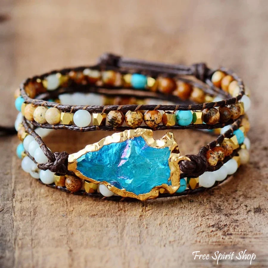Handmade Natural Gemstones & Gilded Arrowhead Wrap Bracelet - Image 5