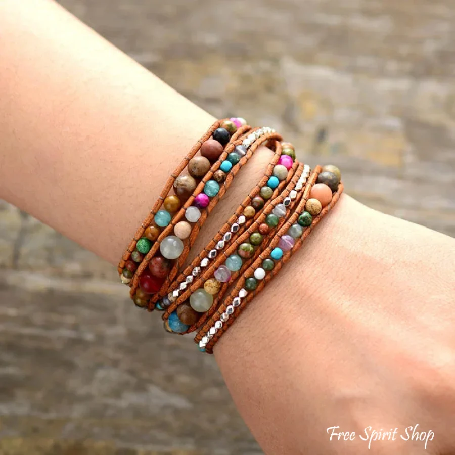 Handmade Natural Gemstone Mix Leather Wrap Bracelet - Image 2