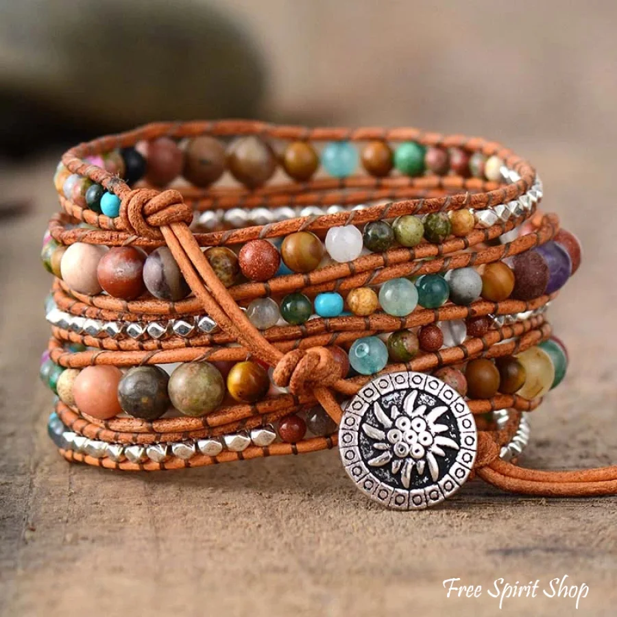 Handmade Natural Gemstone Mix Leather Wrap Bracelet - Image 3