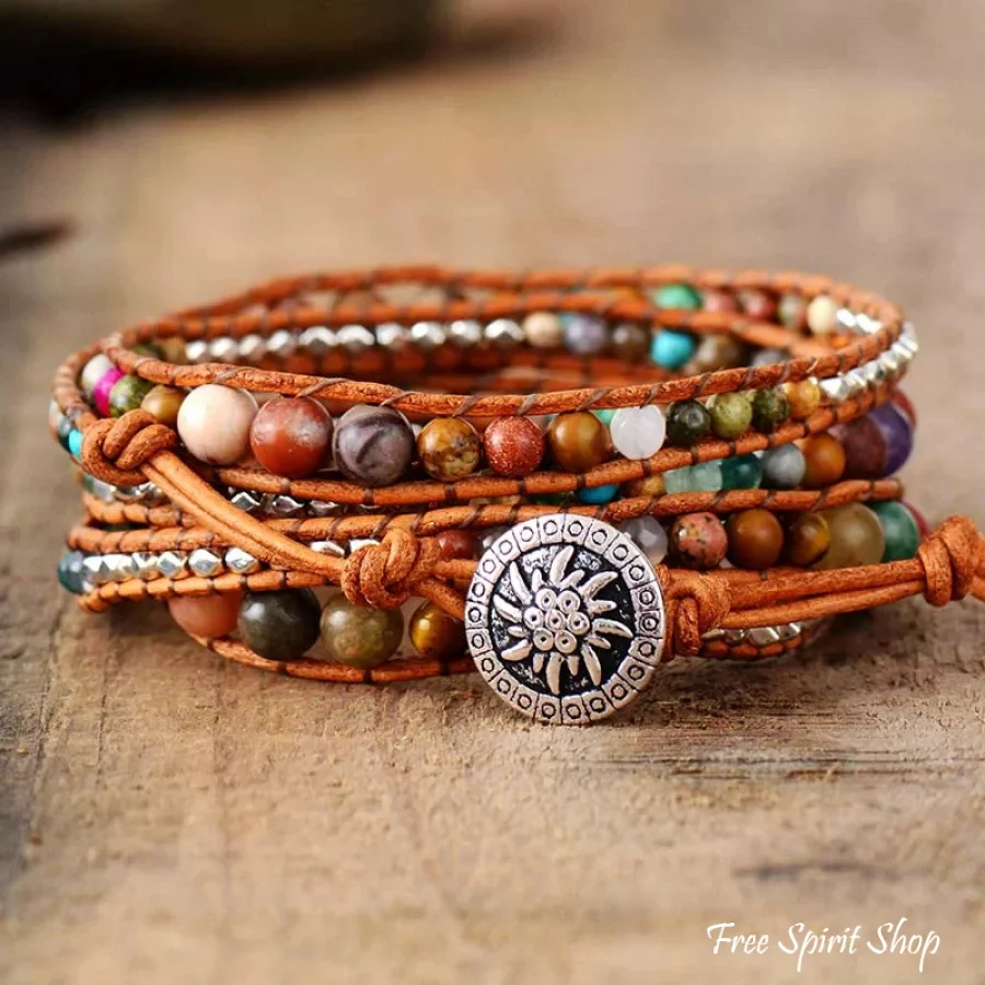 Handmade Natural Gemstone Mix Leather Wrap Bracelet - Image 4