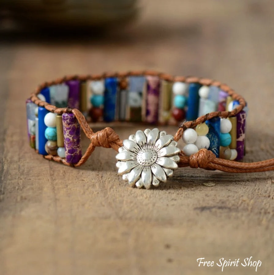 Handmade Natural Gemstone Sunflower Leather Wrap Bracelet - Image 2
