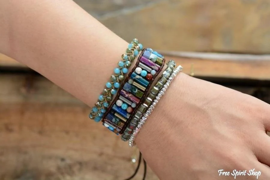 Handmade Natural Gemstone Sunflower Leather Wrap Bracelet - Image 3