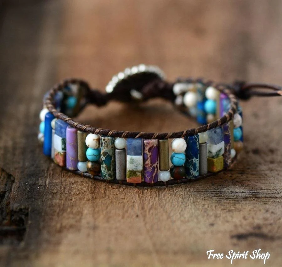 Handmade Natural Gemstone Sunflower Leather Wrap Bracelet - Image 4