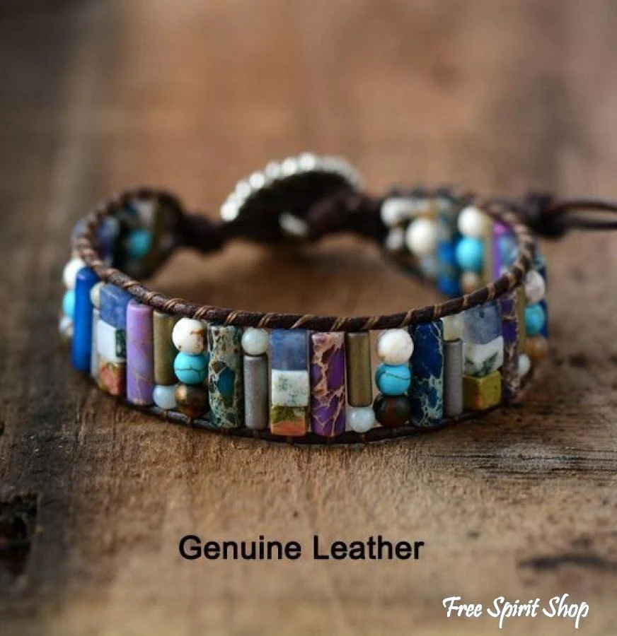 Handmade Natural Gemstone Sunflower Leather Wrap Bracelet - Image 5