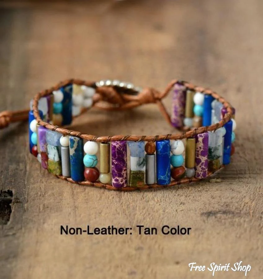 Handmade Natural Gemstone Sunflower Leather Wrap Bracelet - Image 7
