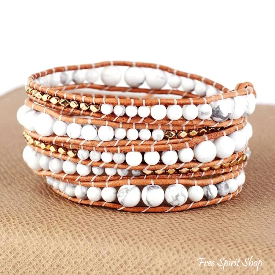 Handmade Natural Howlite 5 Layer Leather Wrap Bracelet - Image 3