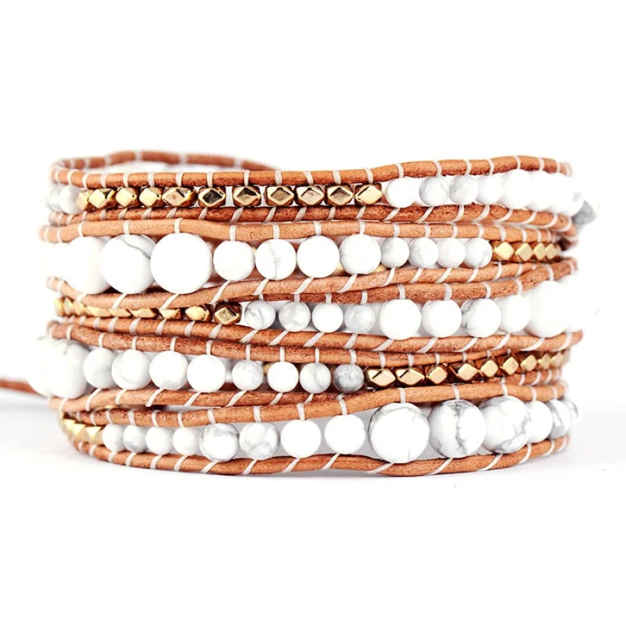 Handmade Natural Howlite 5 Layer Leather Wrap Bracelet - Image 4