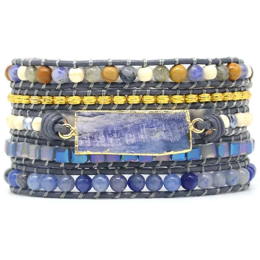 Handmade Natural Blue Topaz Sodalite & Howlite Gemstone Leather Wrap Bracelet - Image 3