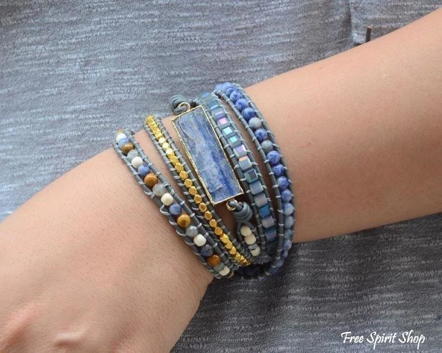 Handmade Natural Blue Topaz Sodalite & Howlite Gemstone Leather Wrap Bracelet - Image 4